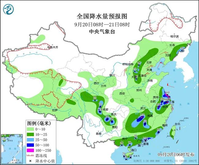 记者从气象台获悉，从9月19日开始，上海、浙江、福建、江西、海南岛等地出现强风雨天气，北方地区出现大风、降温、降雨天气。未来三天，江淮东部、江南、华南等地降雨较强，有暴雨灾害风险，注意防范城乡积涝及次生灾害；受较强冷空气影响，中东部地区大风降温，华北、东北部分地区有中到大雨，注意防范局地山洪、地质灾害。(图3)